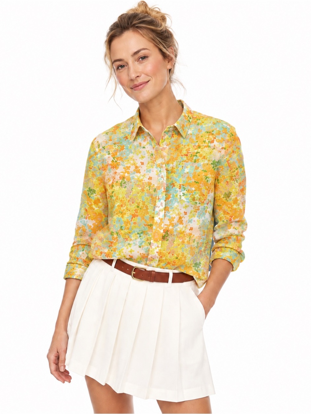BODEN Floral Cotton Shirt US 6 Yellow Blue Button Down Y2K